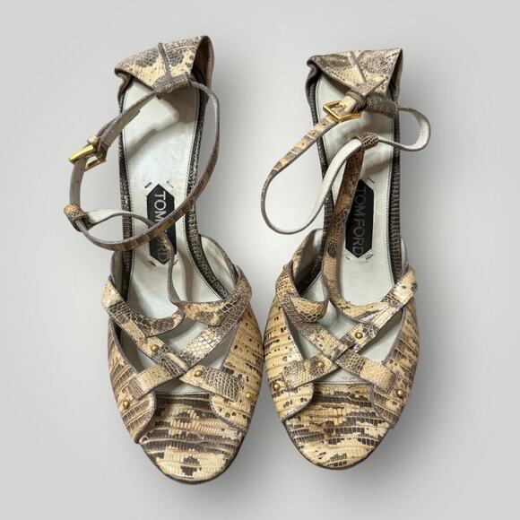 Tom Ford Genuine Exotic Leather Gold Stiletto Heels PythonPatternStrappy Sandals - Picture 2 of 12